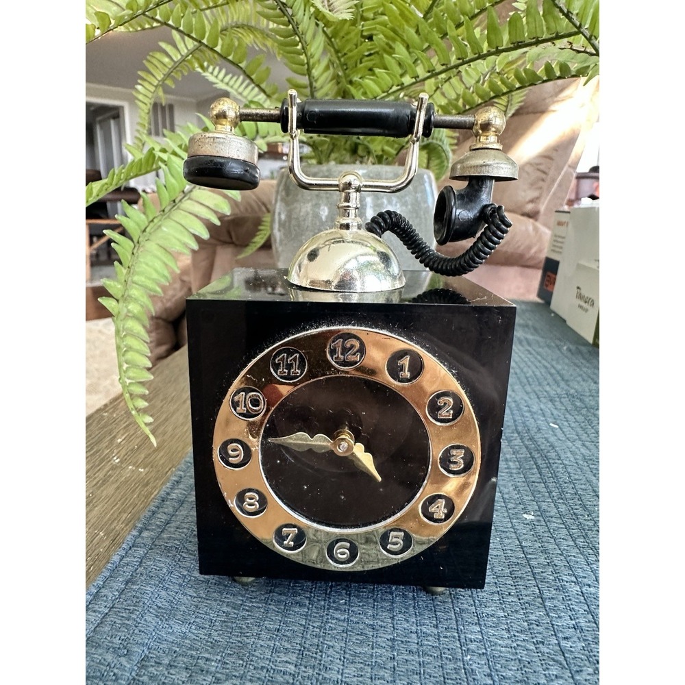 Vtg Clear black Lucite Telephone Music Box spining Clock Chariots of Fire Song